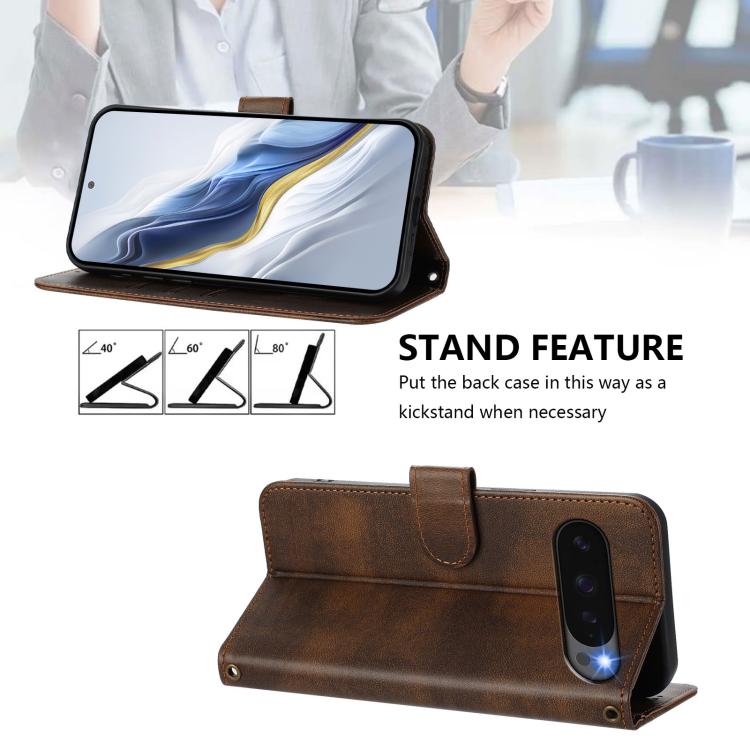 For Google Pixel 9 Pro XL / Pixel 10 Pro XL Line Splicing Buckle Retro Leather Phone Case(Brown) - Google Cases by buy2fix | Online Shopping UK | buy2fix