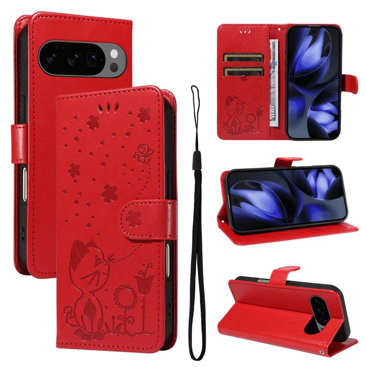 For Google Pixel 10 / 10 Pro Global Cat and Bee Embossed Flip Leather Phone Case(Red) - Google Cases by buy2fix | Online Shopping UK | buy2fix