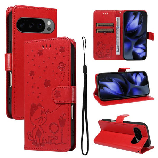 For Google Pixel 10 / 10 Pro Global Cat and Bee Embossed Flip Leather Phone Case(Red) - Google Cases by buy2fix | Online Shopping UK | buy2fix