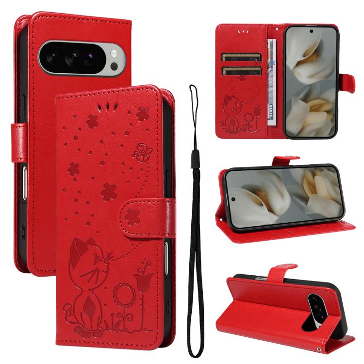 For Google Pixel 10 Pro XL 5G Global Cat and Bee Embossed Flip Leather Phone Case(Red) - Google Cases by buy2fix | Online Shopping UK | buy2fix
