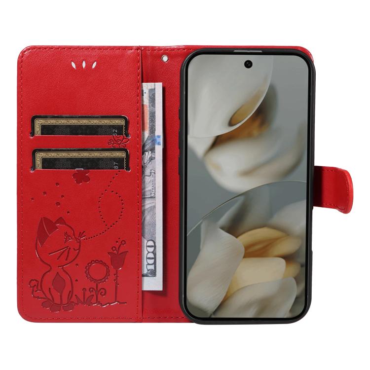 For Google Pixel 10 Pro XL 5G Global Cat and Bee Embossed Flip Leather Phone Case(Red) - Google Cases by buy2fix | Online Shopping UK | buy2fix