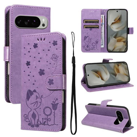 For Google Pixel 10 Pro XL 5G Global Cat and Bee Embossed Flip Leather Phone Case(Purple) - Google Cases by buy2fix | Online Shopping UK | buy2fix