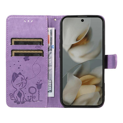 For Google Pixel 10 Pro XL 5G Global Cat and Bee Embossed Flip Leather Phone Case(Purple) - Google Cases by buy2fix | Online Shopping UK | buy2fix