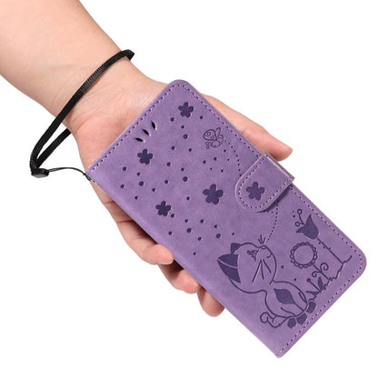 For Google Pixel 10 Pro XL 5G Global Cat and Bee Embossed Flip Leather Phone Case(Purple) - Google Cases by buy2fix | Online Shopping UK | buy2fix