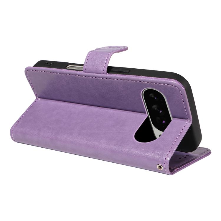For Google Pixel 10 Pro XL 5G Global Cat and Bee Embossed Flip Leather Phone Case(Purple) - Google Cases by buy2fix | Online Shopping UK | buy2fix