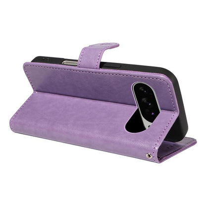 For Google Pixel 10 Pro XL 5G Global Cat and Bee Embossed Flip Leather Phone Case(Purple) - Google Cases by buy2fix | Online Shopping UK | buy2fix