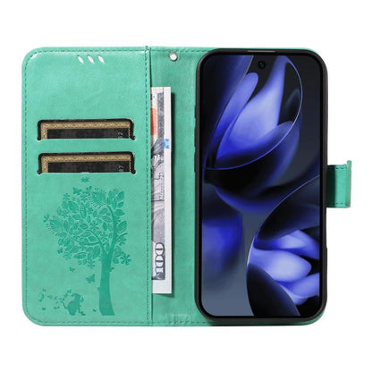 For Google Pixel 10 5G / 10 Pro 5G Global Tree & Cat Embossed Pattern Flip Leather Phone Case(Green) - Google Cases by buy2fix | Online Shopping UK | buy2fix