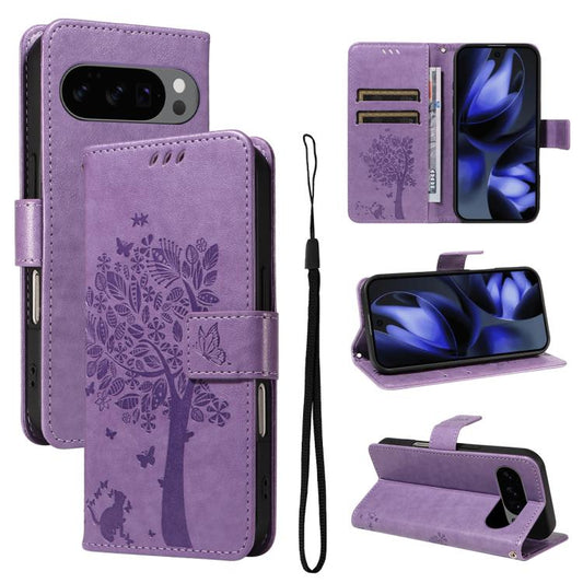 For Google Pixel 10 5G / 10 Pro 5G Global Tree & Cat Embossed Pattern Flip Leather Phone Case(Light Purple) - Google Cases by buy2fix | Online Shopping UK | buy2fix