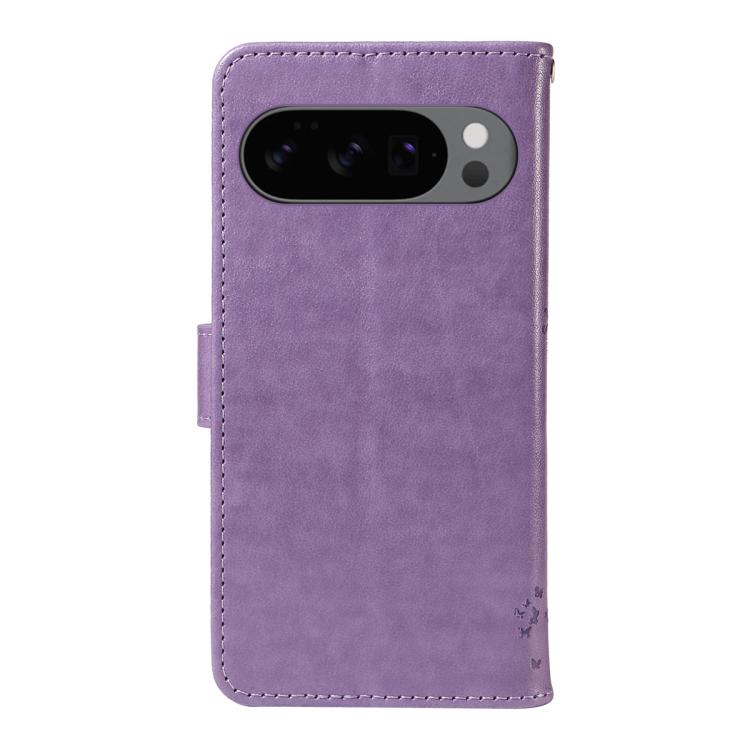 For Google Pixel 10 5G / 10 Pro 5G Global Tree & Cat Embossed Pattern Flip Leather Phone Case(Light Purple) - Google Cases by buy2fix | Online Shopping UK | buy2fix