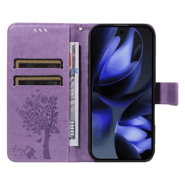 For Google Pixel 10 5G / 10 Pro 5G Global Tree & Cat Embossed Pattern Flip Leather Phone Case(Light Purple) - Google Cases by buy2fix | Online Shopping UK | buy2fix