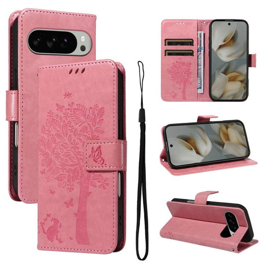 For Google Pixel 10 Pro XL 5G Global Tree & Cat Embossed Pattern Flip Leather Phone Case(Pink) - Google Cases by buy2fix | Online Shopping UK | buy2fix