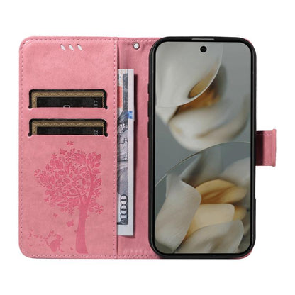 For Google Pixel 10 Pro XL 5G Global Tree & Cat Embossed Pattern Flip Leather Phone Case(Pink) - Google Cases by buy2fix | Online Shopping UK | buy2fix