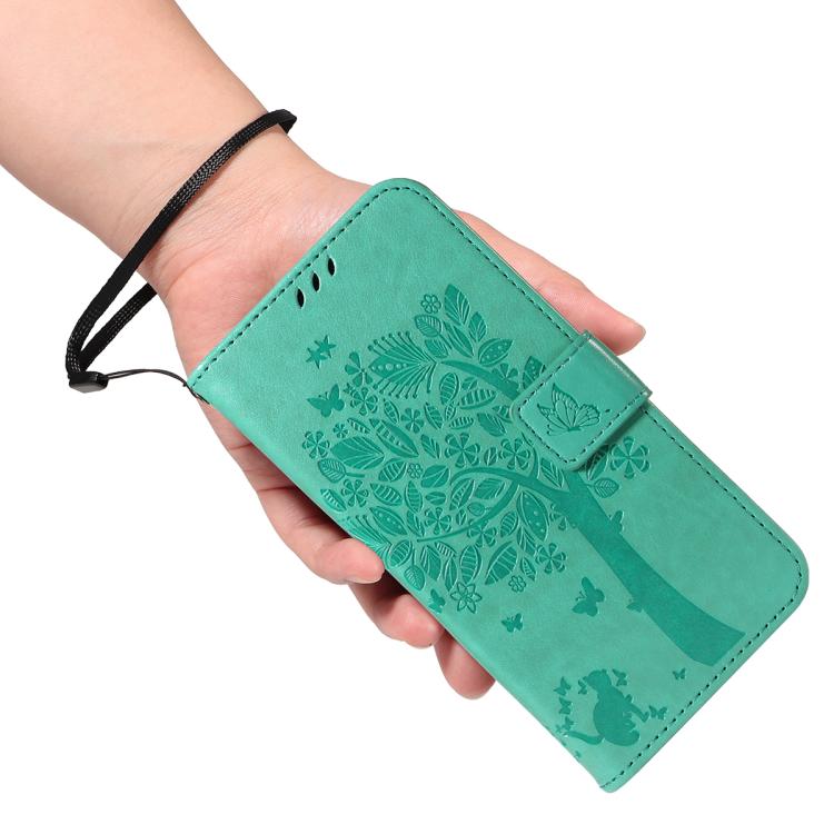 For Google Pixel 10 Pro XL 5G Global Tree & Cat Embossed Pattern Flip Leather Phone Case(Green) - Google Cases by buy2fix | Online Shopping UK | buy2fix