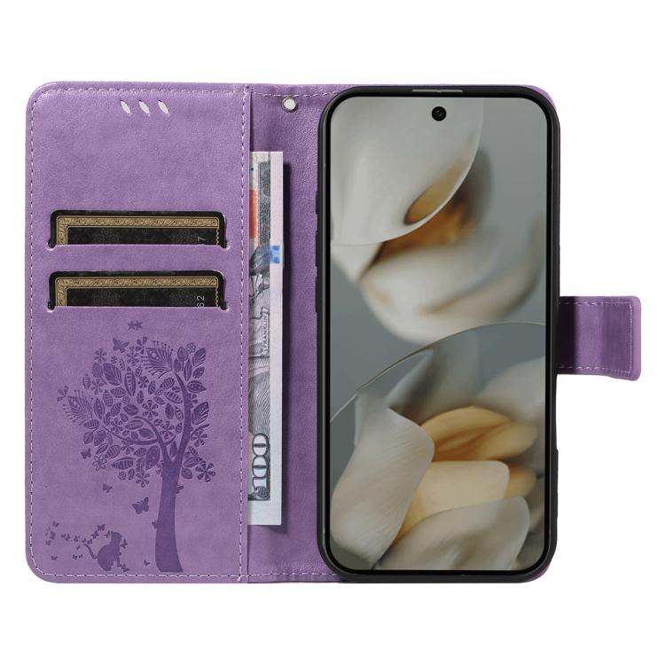 For Google Pixel 10 Pro XL 5G Global Tree & Cat Embossed Pattern Flip Leather Phone Case(Light Purple) - Google Cases by buy2fix | Online Shopping UK | buy2fix