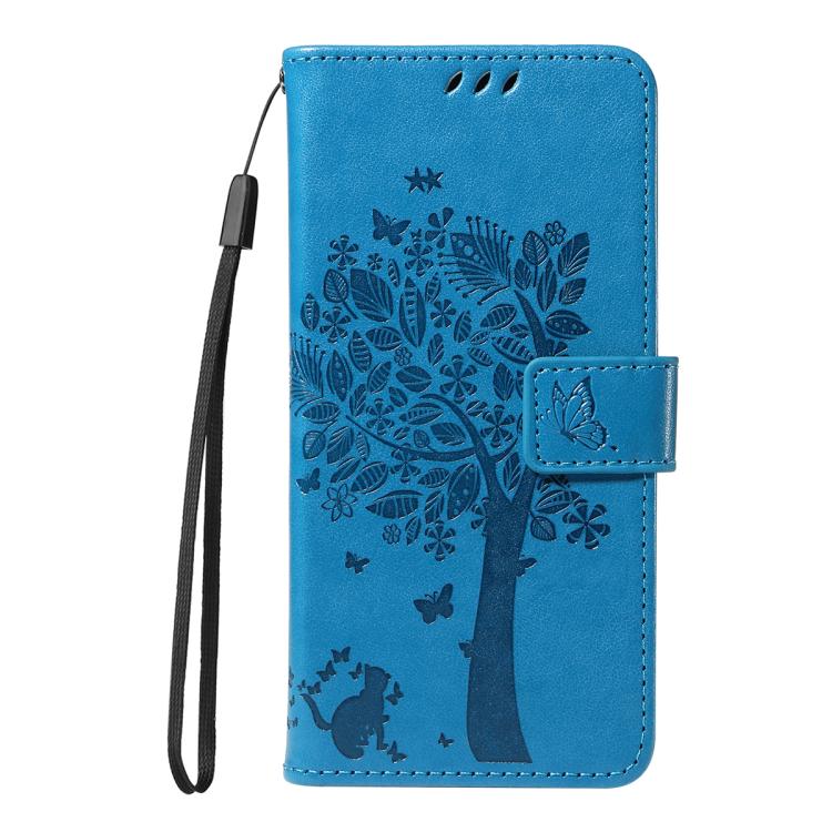For Google Pixel 10 Pro XL 5G Global Tree & Cat Embossed Pattern Flip Leather Phone Case(Blue) - Google Cases by buy2fix | Online Shopping UK | buy2fix
