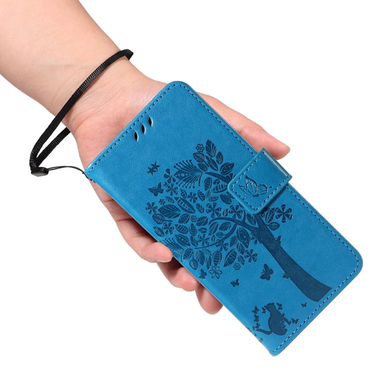 For Google Pixel 10 Pro XL 5G Global Tree & Cat Embossed Pattern Flip Leather Phone Case(Blue) - Google Cases by buy2fix | Online Shopping UK | buy2fix