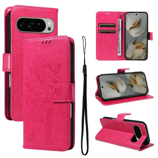 For Google Pixel 10 Pro XL 5G Global Tree & Cat Embossed Pattern Flip Leather Phone Case(Rose Red) - Google Cases by buy2fix | Online Shopping UK | buy2fix