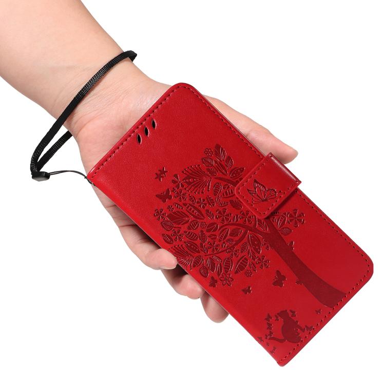 For Google Pixel 10 Pro XL 5G Global Tree & Cat Embossed Pattern Flip Leather Phone Case(Red) - Google Cases by buy2fix | Online Shopping UK | buy2fix