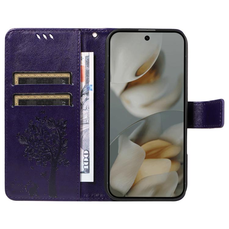 For Google Pixel 10 Pro XL 5G Global Tree & Cat Embossed Pattern Flip Leather Phone Case(Purple) - Google Cases by buy2fix | Online Shopping UK | buy2fix