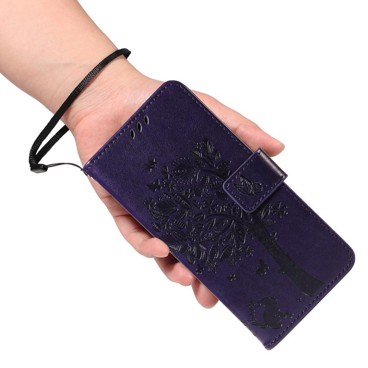 For Google Pixel 10 Pro XL 5G Global Tree & Cat Embossed Pattern Flip Leather Phone Case(Purple) - Google Cases by buy2fix | Online Shopping UK | buy2fix