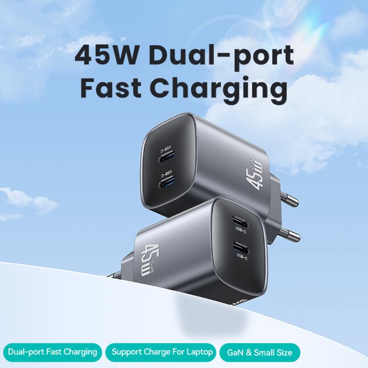 USAMS CC305 T66 45W Dual USB-C / Type-C GaN Fast Charger, EU Plug(Gunmetal) - USB Charger by USAMS | Online Shopping UK | buy2fix