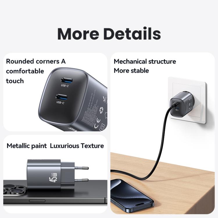 USAMS CC305 T66 45W Dual USB-C / Type-C GaN Fast Charger, EU Plug(Gunmetal) - USB Charger by USAMS | Online Shopping UK | buy2fix