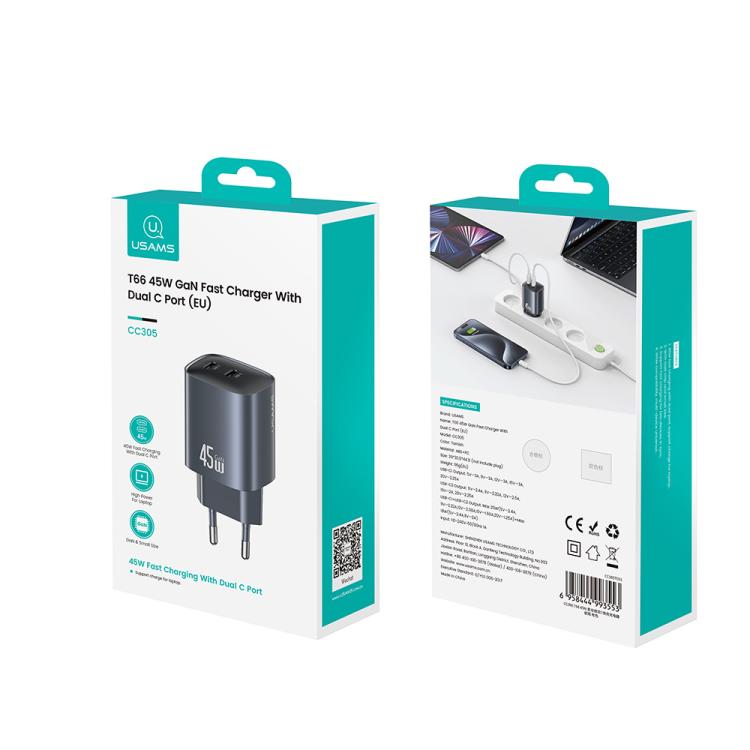 USAMS CC305 T66 45W Dual USB-C / Type-C GaN Fast Charger, EU Plug(Gunmetal) - USB Charger by USAMS | Online Shopping UK | buy2fix