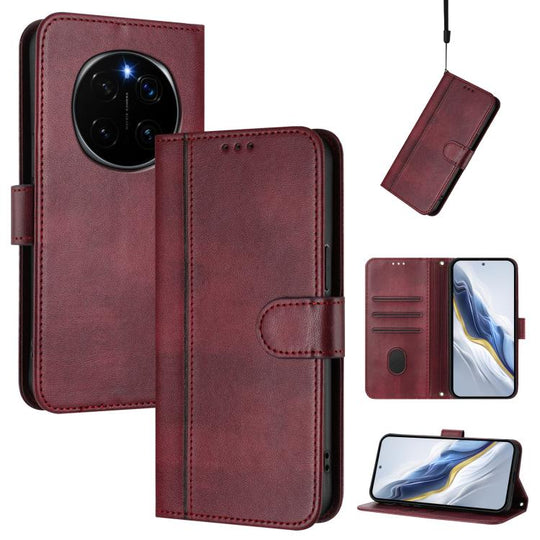 For Honor Magic7 Pro Line Splicing Buckle Retro Leather Phone Case(Wine Red)