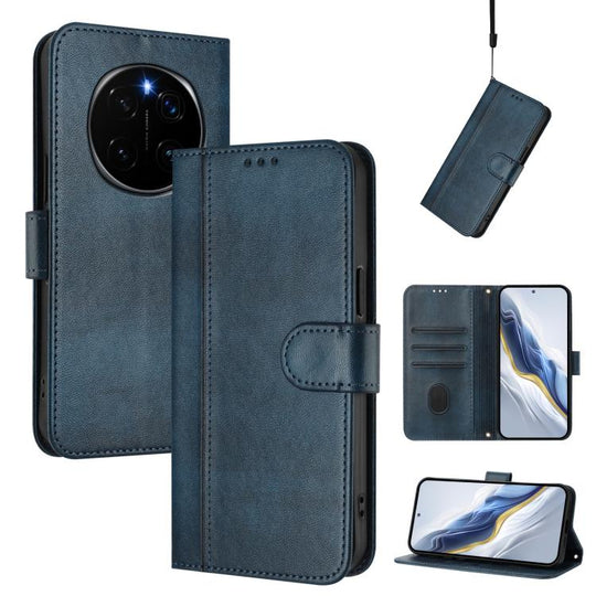 For Honor Magic7 Pro Line Splicing Buckle Retro Leather Phone Case(Dark Blue)