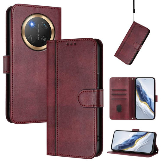 For Honor X9c / Magic7 Lite Line Splicing Buckle Retro Leather Phone Case(Wine Red)
