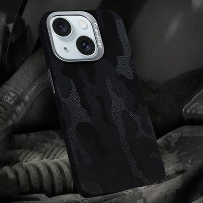 For iPhone 15 Camouflage Leather Metal Frame MagSafe PC Phone Case(Black) - iPhone 15 Cases by buy2fix | Online Shopping UK | buy2fix