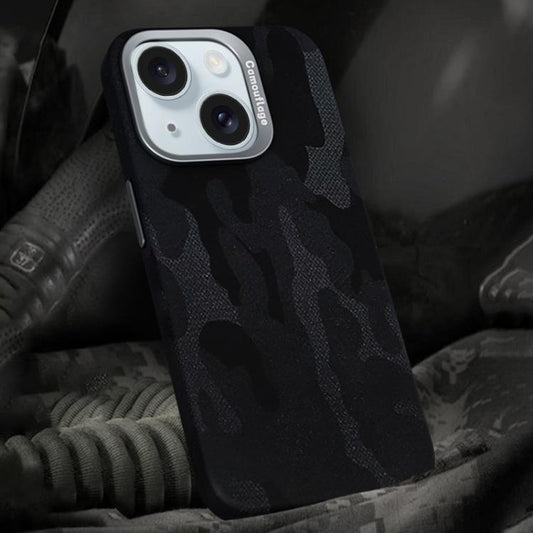 For iPhone 15 Camouflage Leather Metal Frame MagSafe PC Phone Case(Black) - iPhone 15 Cases by buy2fix | Online Shopping UK | buy2fix