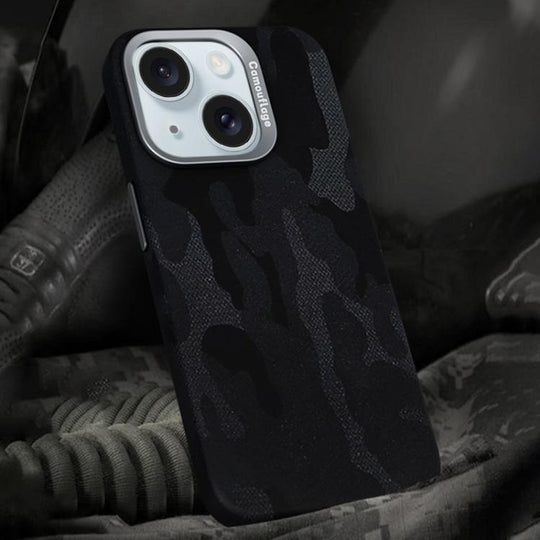 For iPhone 15 Camouflage Leather Metal Frame MagSafe PC Phone Case(Black)