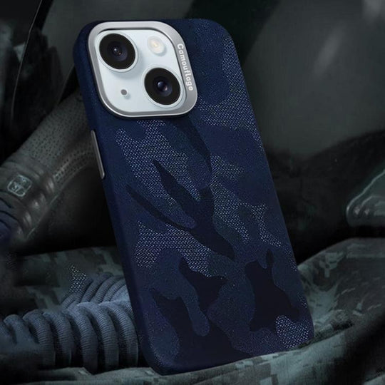 For iPhone 15 Camouflage Leather Metal Frame MagSafe PC Phone Case(Blue)