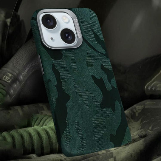 For iPhone 15 Camouflage Leather Metal Frame MagSafe PC Phone Case(Army Green)