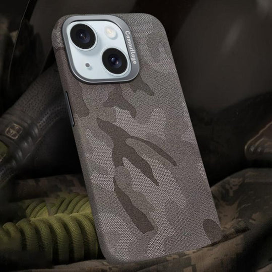 For iPhone 15 Camouflage Leather Metal Frame MagSafe PC Phone Case(Titanium Grey)
