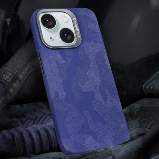 For iPhone 15 Camouflage Leather Metal Frame MagSafe PC Phone Case(Purple)