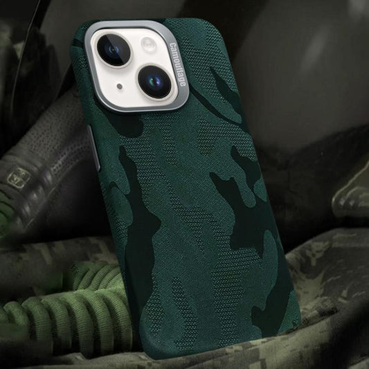 For iPhone 14 Camouflage Leather Metal Frame MagSafe PC Phone Case(Army Green) - iPhone 14 Cases by buy2fix | Online Shopping UK | buy2fix