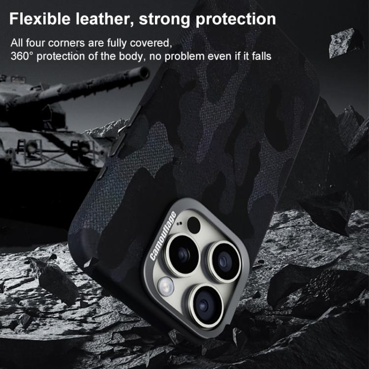 For iPhone 14 Camouflage Leather Metal Frame MagSafe PC Phone Case(Black) - iPhone 14 Cases by buy2fix | Online Shopping UK | buy2fix