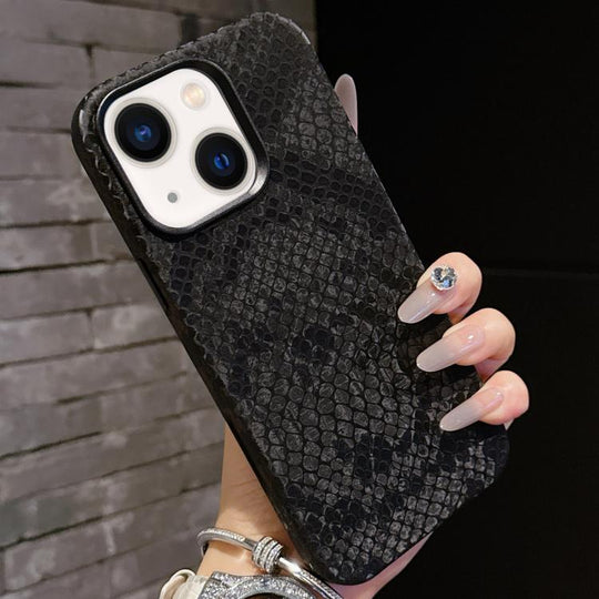 For iPhone 15 Plain Leather Snake Texture PC MagSafe Phone Case(Black)