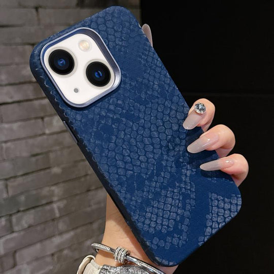 For iPhone 15 Plain Leather Snake Texture PC MagSafe Phone Case(Blue)