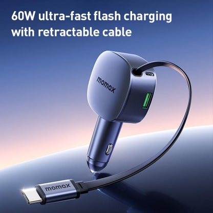 MOMAX UC19 60W 3 in 1 Car Charger with Retractable Cable(Dark Grey) - Car Charger by MOMAX | Online Shopping UK | buy2fix