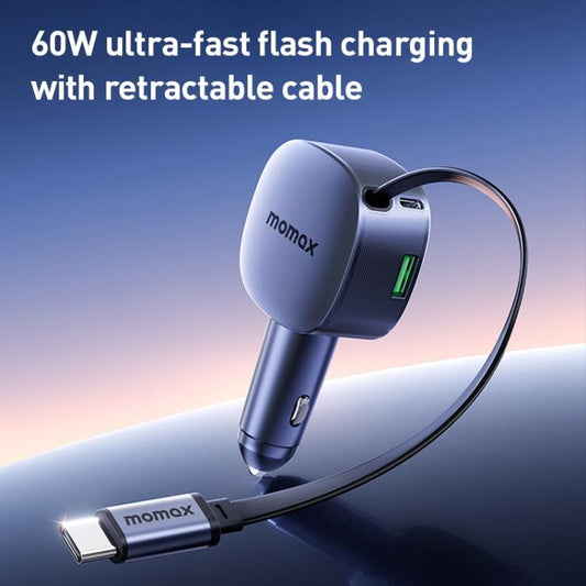 MOMAX UC19 60W 3 in 1 Car Charger with Retractable Cable(Dark Grey) - Car Charger by MOMAX | Online Shopping UK | buy2fix
