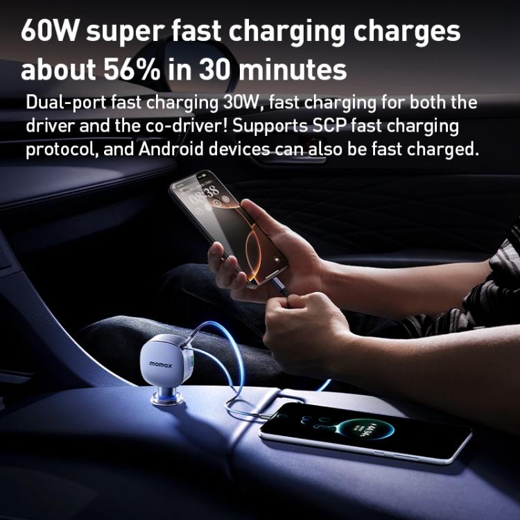 MOMAX UC19 60W 3 in 1 Car Charger with Retractable Cable(Dark Grey) - Car Charger by MOMAX | Online Shopping UK | buy2fix