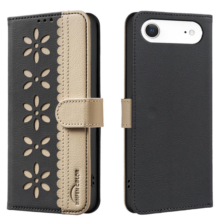 For iPhone Air Splicing Color Hollow Flower Pattern RFID Leather Phone Case(Black) - iPhone Air Cases by buy2fix | Online Shopping UK | buy2fix