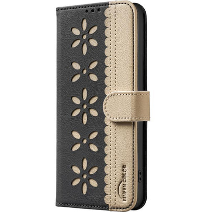 For iPhone Air Splicing Color Hollow Flower Pattern RFID Leather Phone Case(Black) - iPhone Air Cases by buy2fix | Online Shopping UK | buy2fix