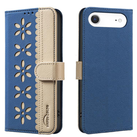 For iPhone Air Splicing Color Hollow Flower Pattern RFID Leather Phone Case(Dark Blue) - iPhone Air Cases by buy2fix | Online Shopping UK | buy2fix
