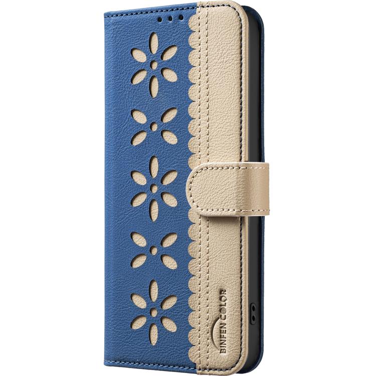 For iPhone Air Splicing Color Hollow Flower Pattern RFID Leather Phone Case(Dark Blue) - iPhone Air Cases by buy2fix | Online Shopping UK | buy2fix