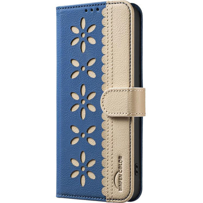 For iPhone Air Splicing Color Hollow Flower Pattern RFID Leather Phone Case(Dark Blue) - iPhone Air Cases by buy2fix | Online Shopping UK | buy2fix