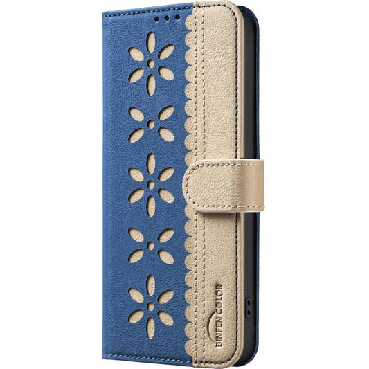 For iPhone Air Splicing Color Hollow Flower Pattern RFID Leather Phone Case(Dark Blue) - iPhone Air Cases by buy2fix | Online Shopping UK | buy2fix